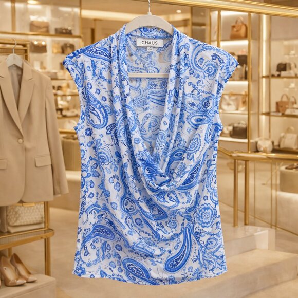 Chaus New York Blue Paisley Draped Sleeveless Blouse NWT S - Picture 4 of 8